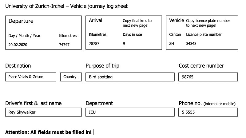 Example of Vehicle Journey Log Sheet
